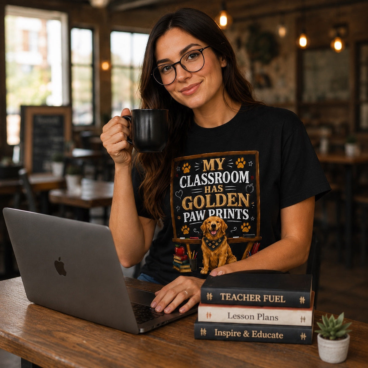 Woman wearing a black My Classroom Has Golden Paw Prints T-shirt with a Golden Retriever classroom design while using a laptop and holding coffee in a cafe.