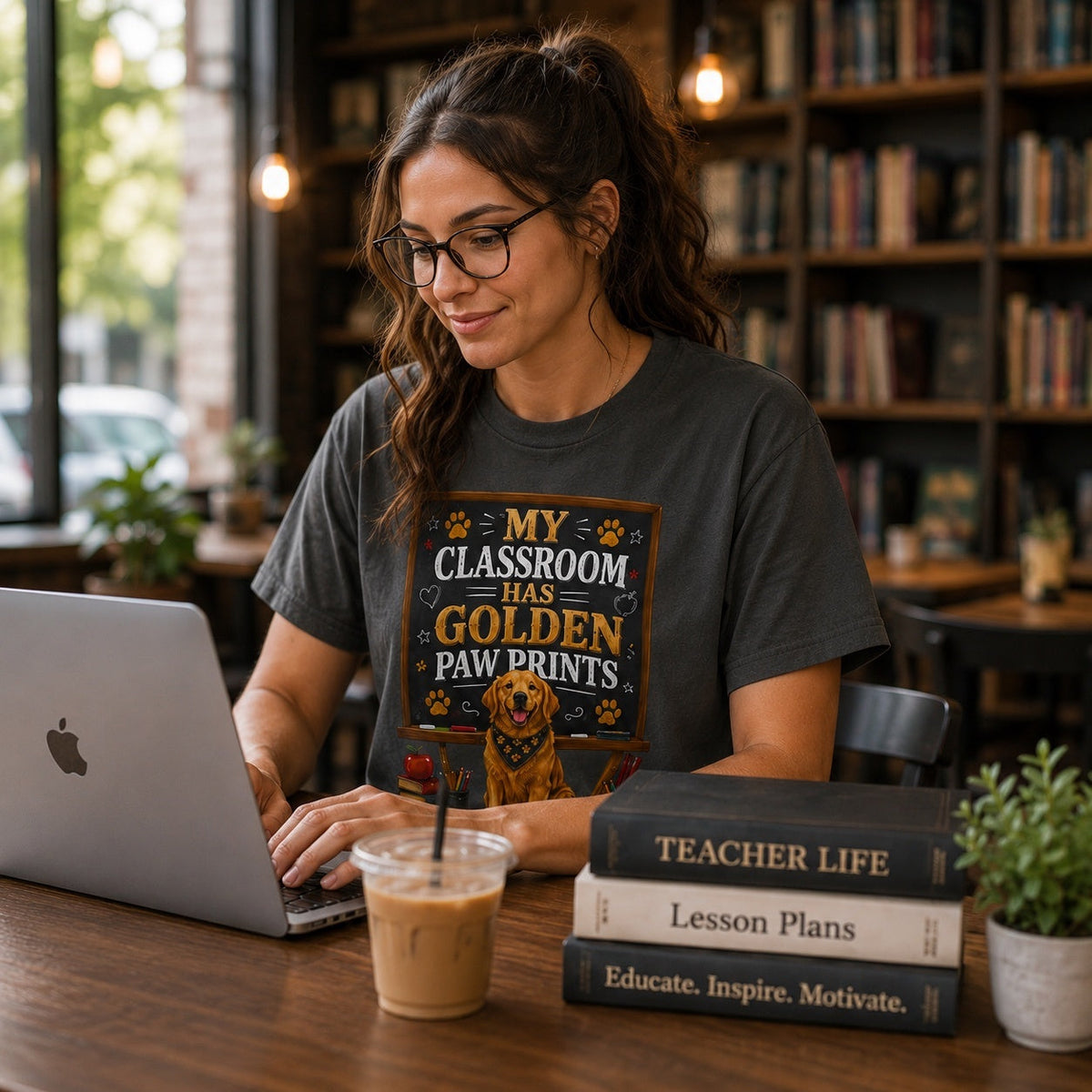 Woman wearing a graphite My Classroom Has Golden Paw Prints T-shirt with a Golden Retriever classroom design while using a laptop with iced coffee and teacher books.