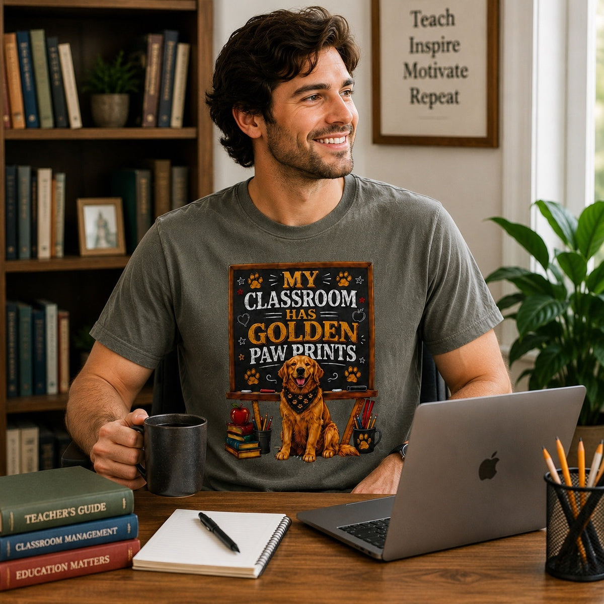 Man wearing a pepper My Classroom Has Golden Paw Prints T-shirt with a Golden Retriever classroom design while using a laptop and holding coffee in a teacher office.
