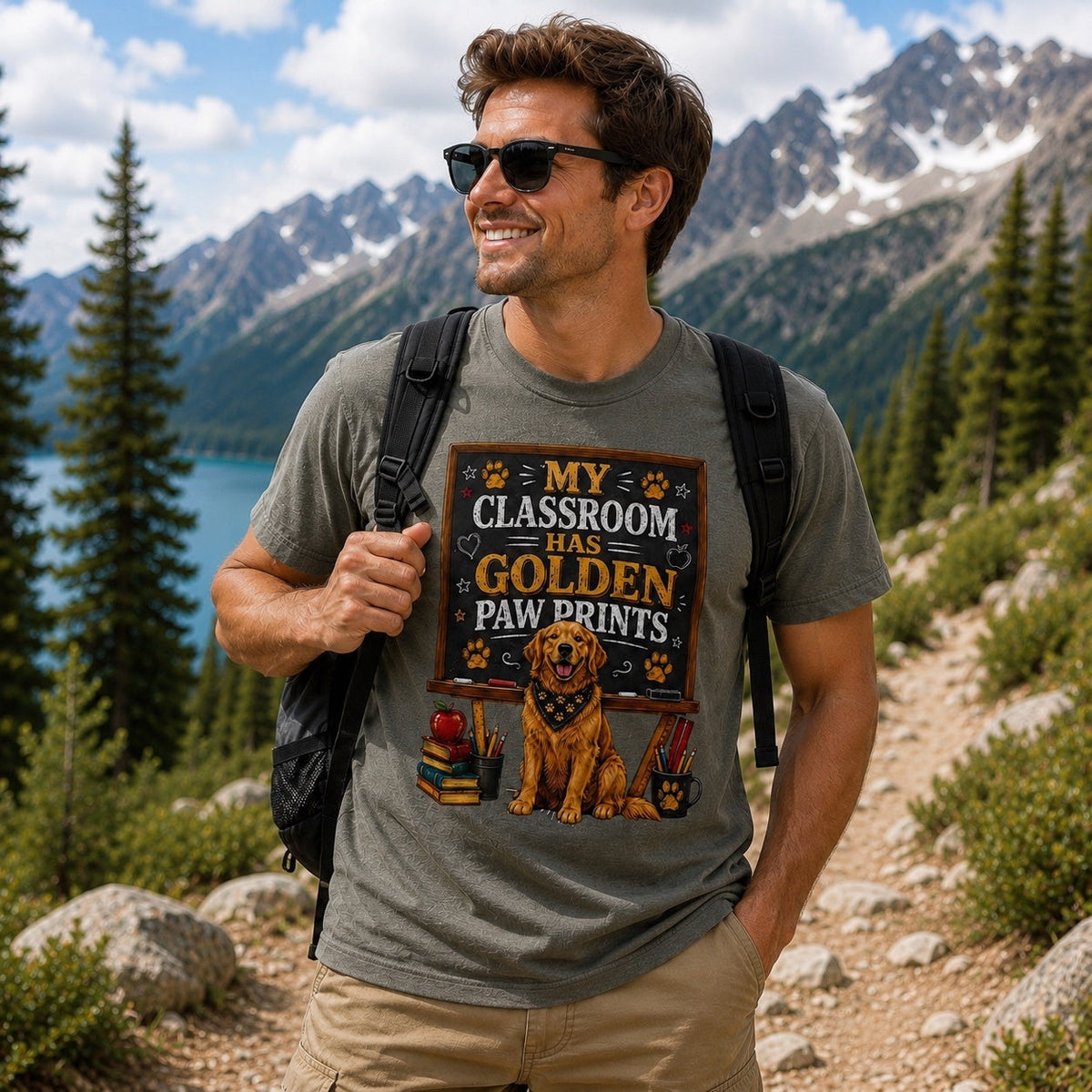 Man wearing a pepper My Classroom Has Golden Paw Prints T-shirt with a Golden Retriever classroom design on a mountain hiking trail.