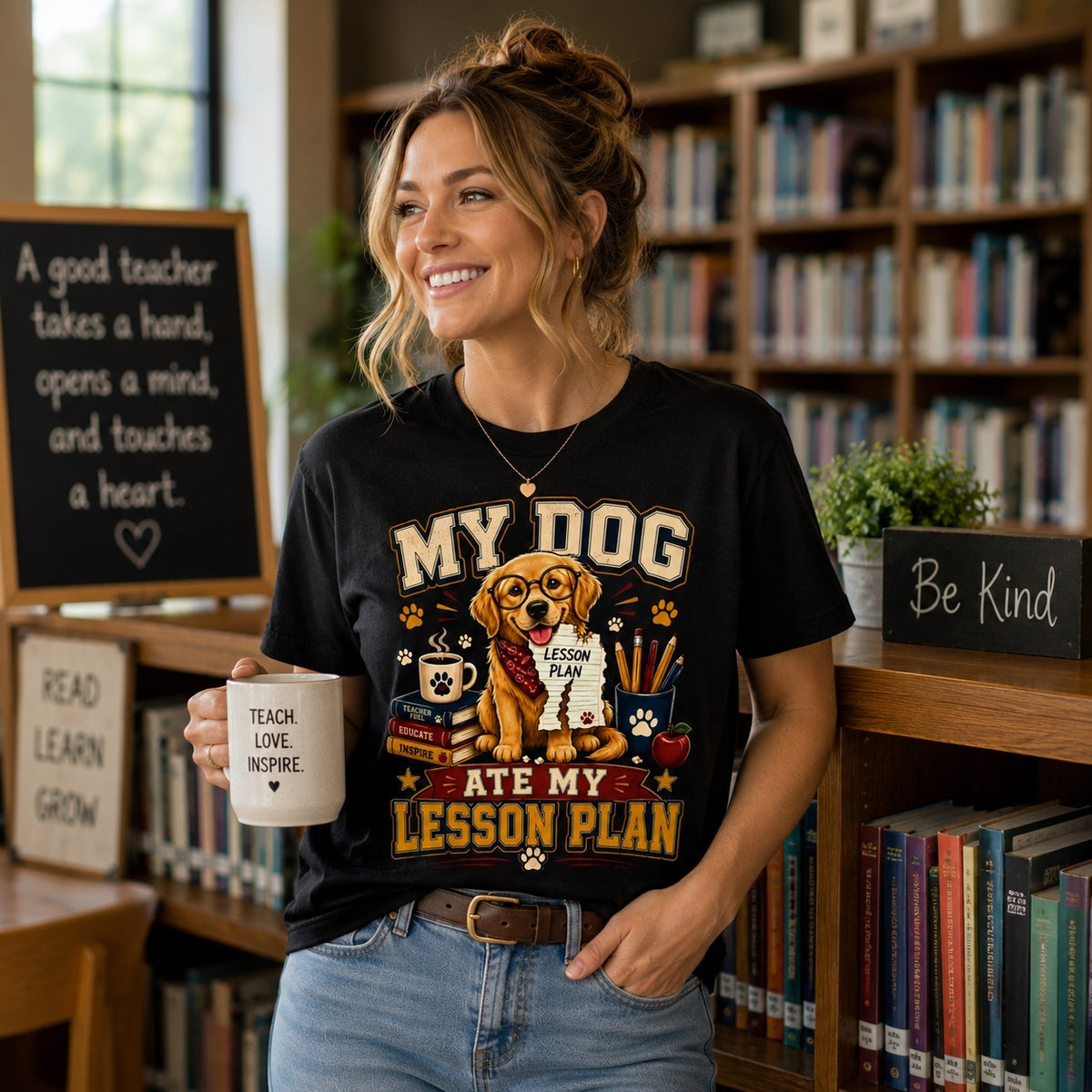 Young woman wearing a black Comfort Colors 1717 T-shirt featuring the “My Dog Ate My Lesson Plan” Golden Retriever teacher graphic while enjoying coffee in a cozy library.