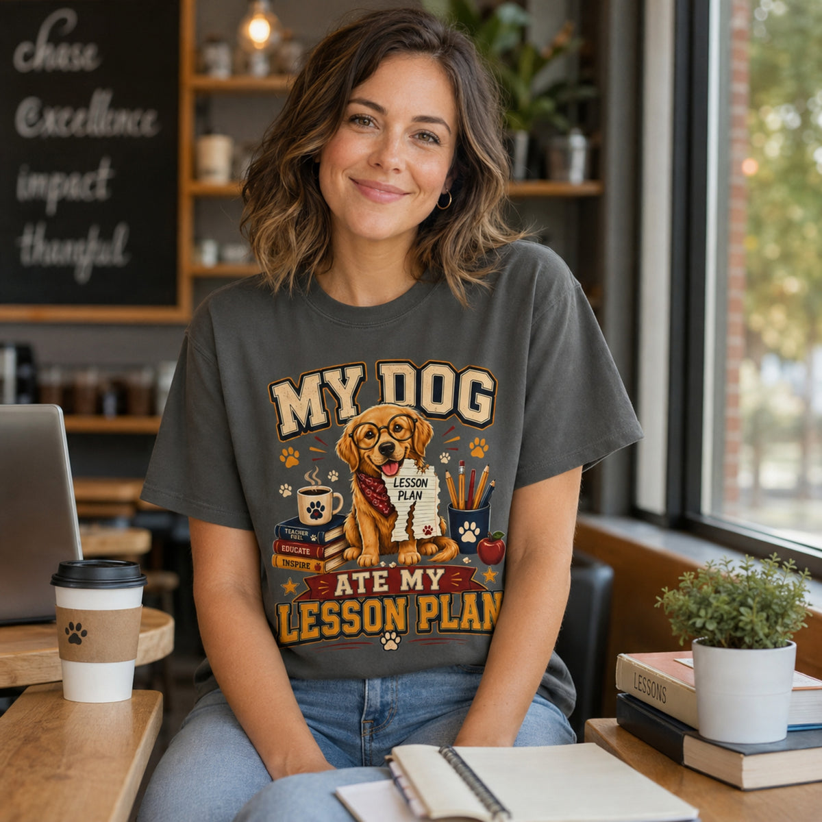 Woman wearing a Pepper “My Dog Ate My Lesson Plan” T-shirt in a coffee shop with laptop, coffee, books, and golden retriever teacher artwork.