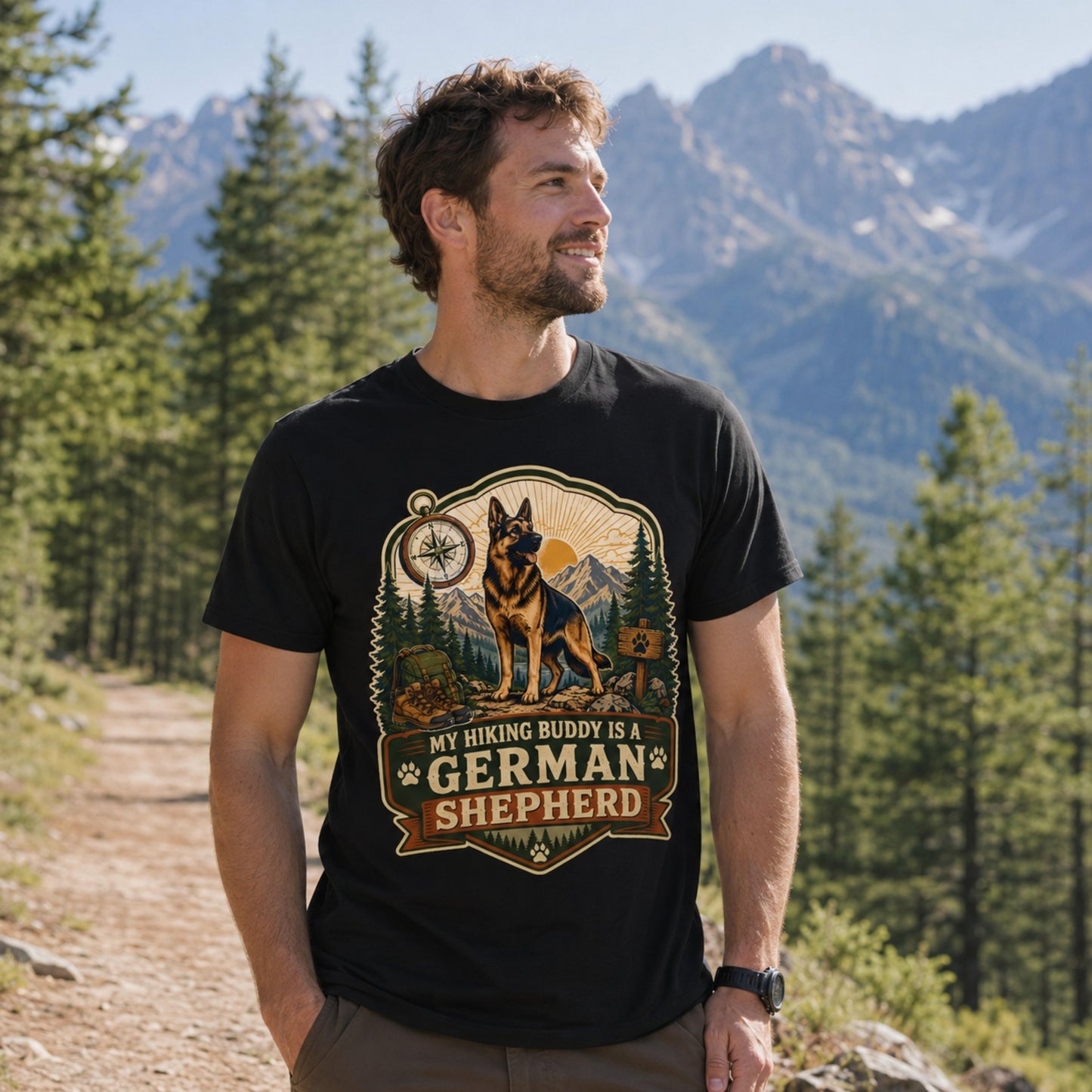 Man wearing a black My Hiking Buddy German Shepherd T-shirt near mountain trail.