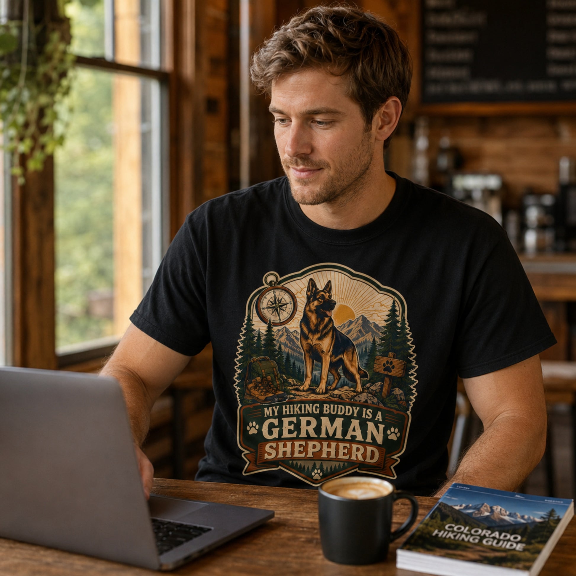 Man wearing a black My Hiking Buddy German Shepherd T-shirt at a cabin table with laptop and coffee.