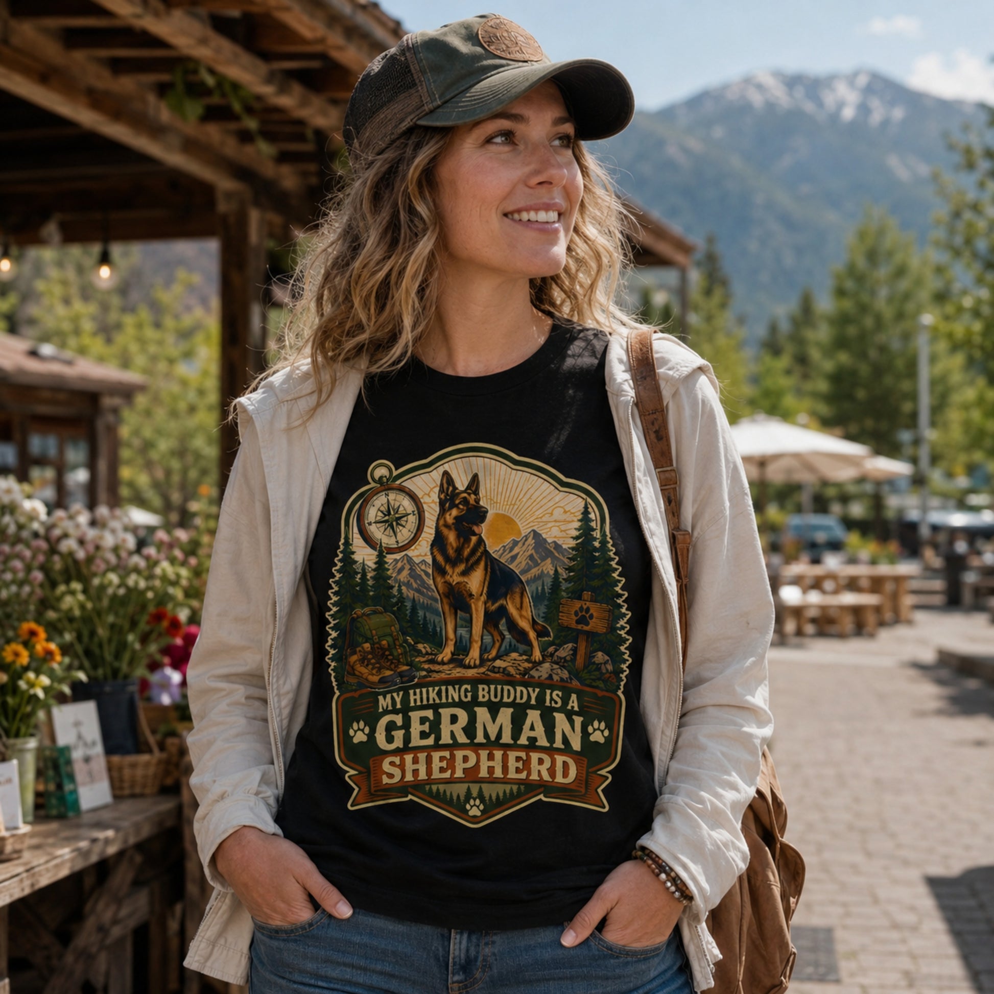 Woman wearing a black My Hiking Buddy German Shepherd T-shirt at an outdoor mountain market.