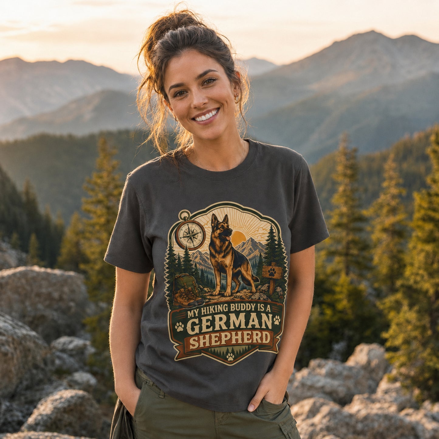 Woman wearing a graphite My Hiking Buddy German Shepherd T-shirt near a mountain overlook.