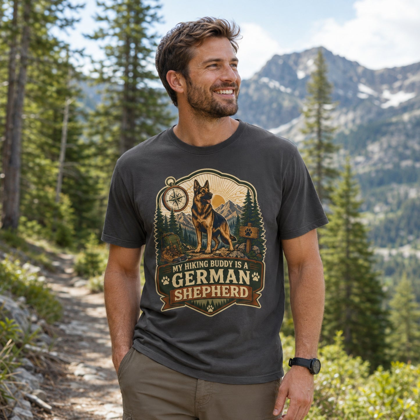 Man wearing a graphite My Hiking Buddy German Shepherd T-shirt on a mountain forest trail.