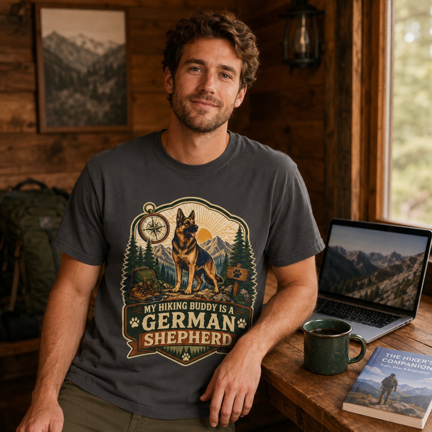 Man wearing a graphite My Hiking Buddy German Shepherd T-shirt beside a laptop, coffee mug, and hiking book.