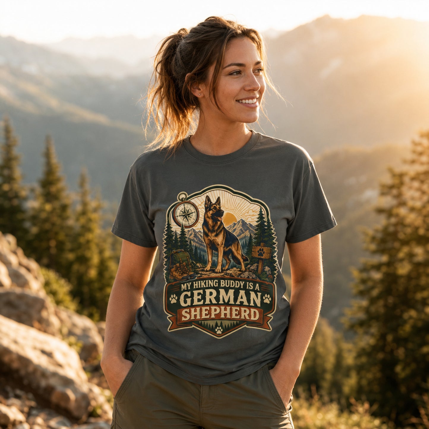 Woman wearing a pepper My Hiking Buddy German Shepherd T-shirt near a mountain overlook.
