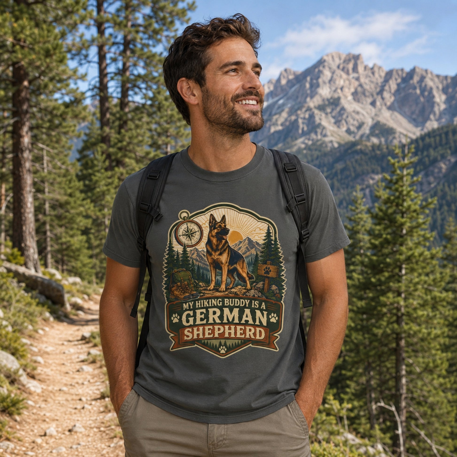 Man wearing a pepper My Hiking Buddy German Shepherd T-shirt on a mountain forest trail.