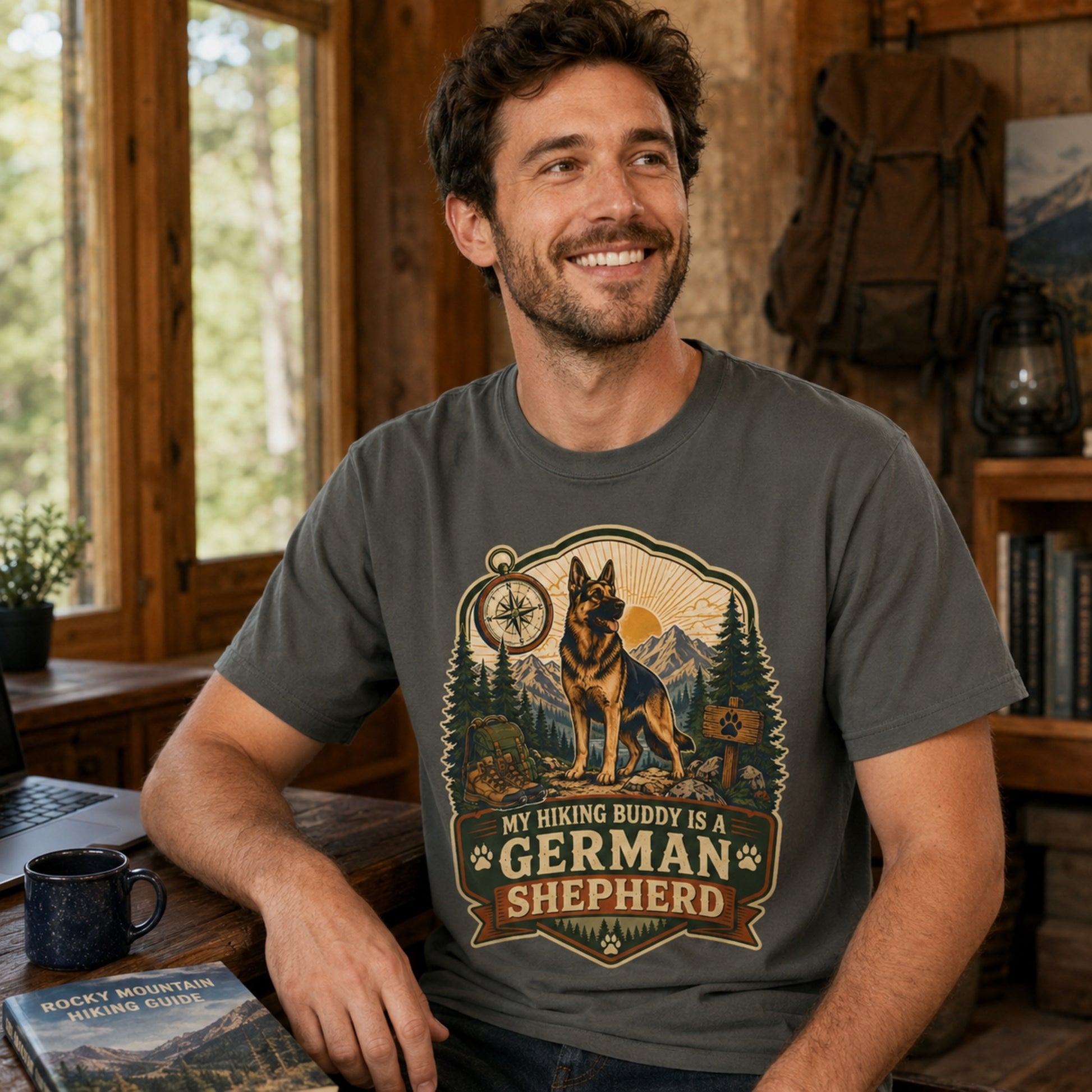 Man wearing a pepper My Hiking Buddy German Shepherd T-shirt beside a laptop, coffee mug, and hiking book.
