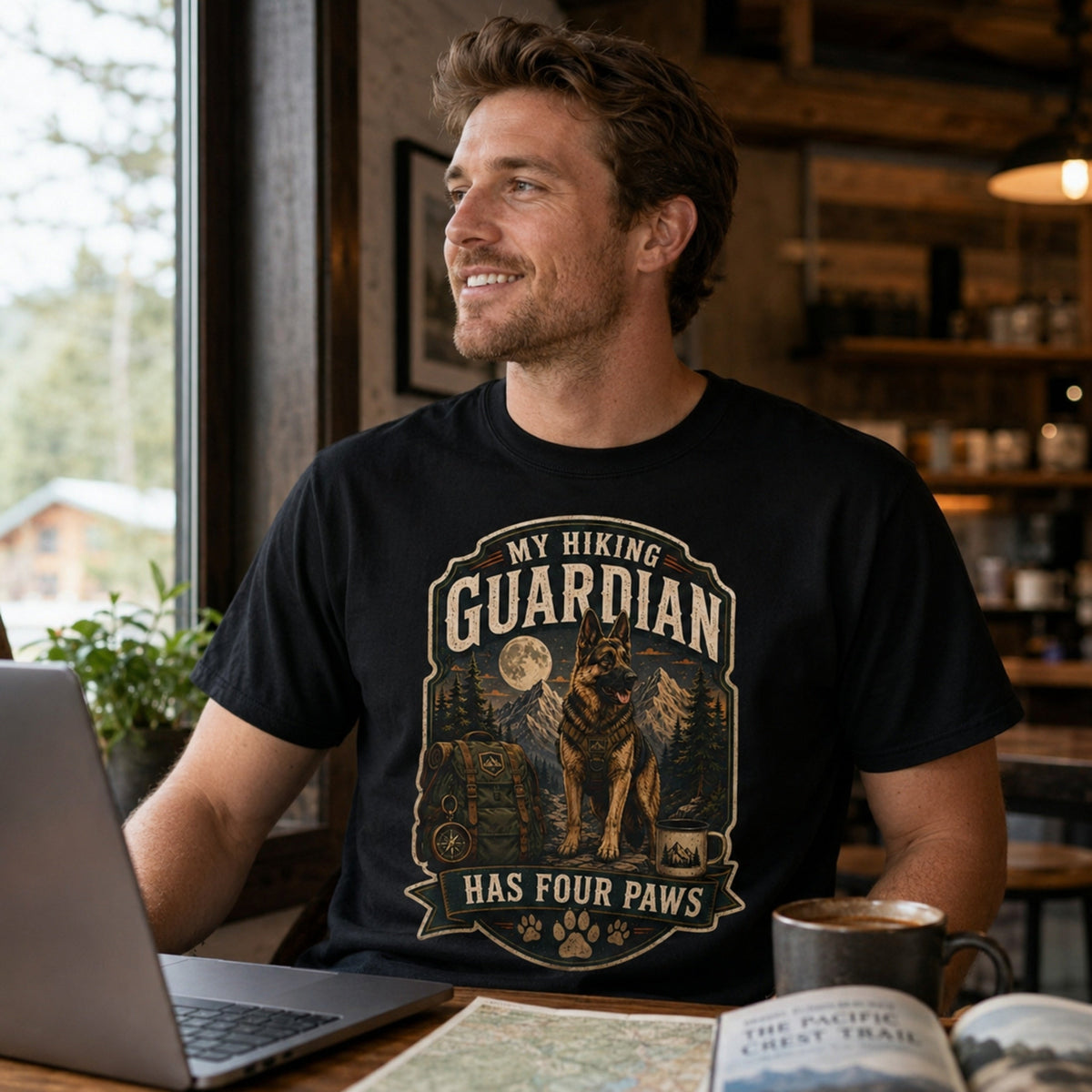 Man wearing a black “My Hiking Guardian Has Four Paws” T-shirt with a German Shepherd design in a coffee shop with laptop and coffee.