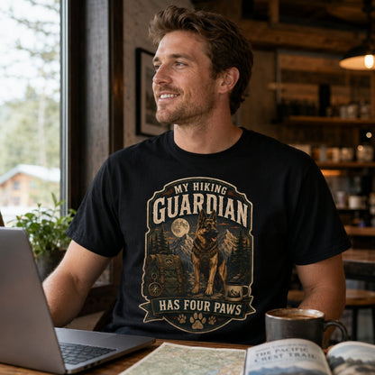 Man wearing a black “My Hiking Guardian Has Four Paws” T-shirt with a German Shepherd design in a coffee shop with laptop and coffee.