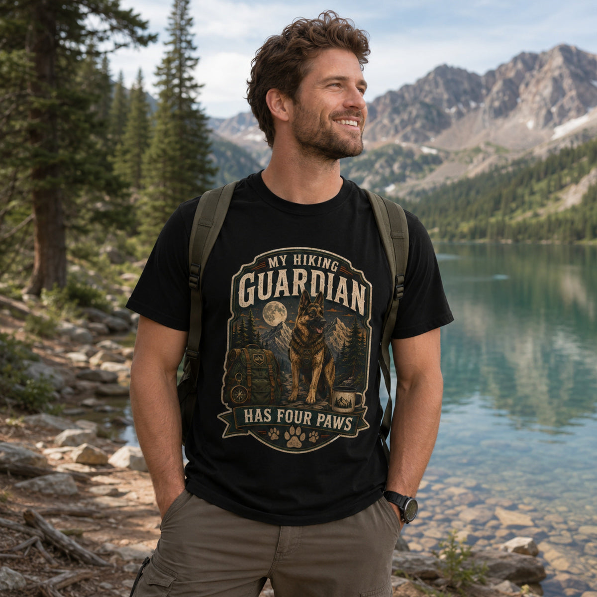 Man wearing a black “My Hiking Guardian Has Four Paws” T-shirt with a German Shepherd design near a lakeside hiking trail.
