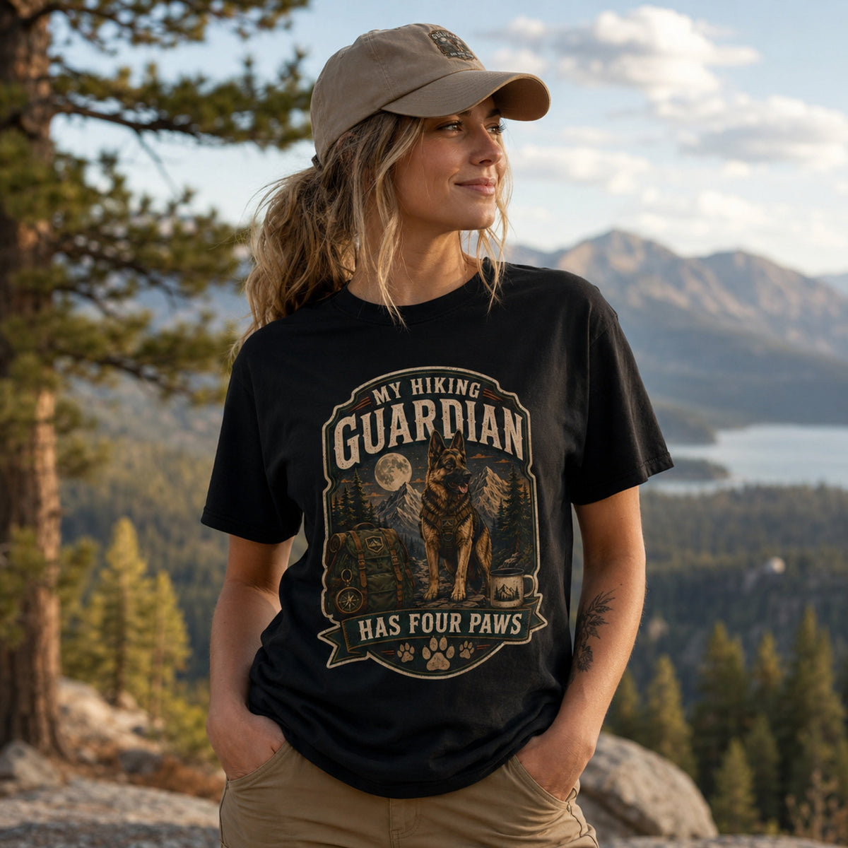 Woman wearing a black “My Hiking Guardian Has Four Paws” T-shirt with a German Shepherd design at a scenic mountain overlook wearing a cap.