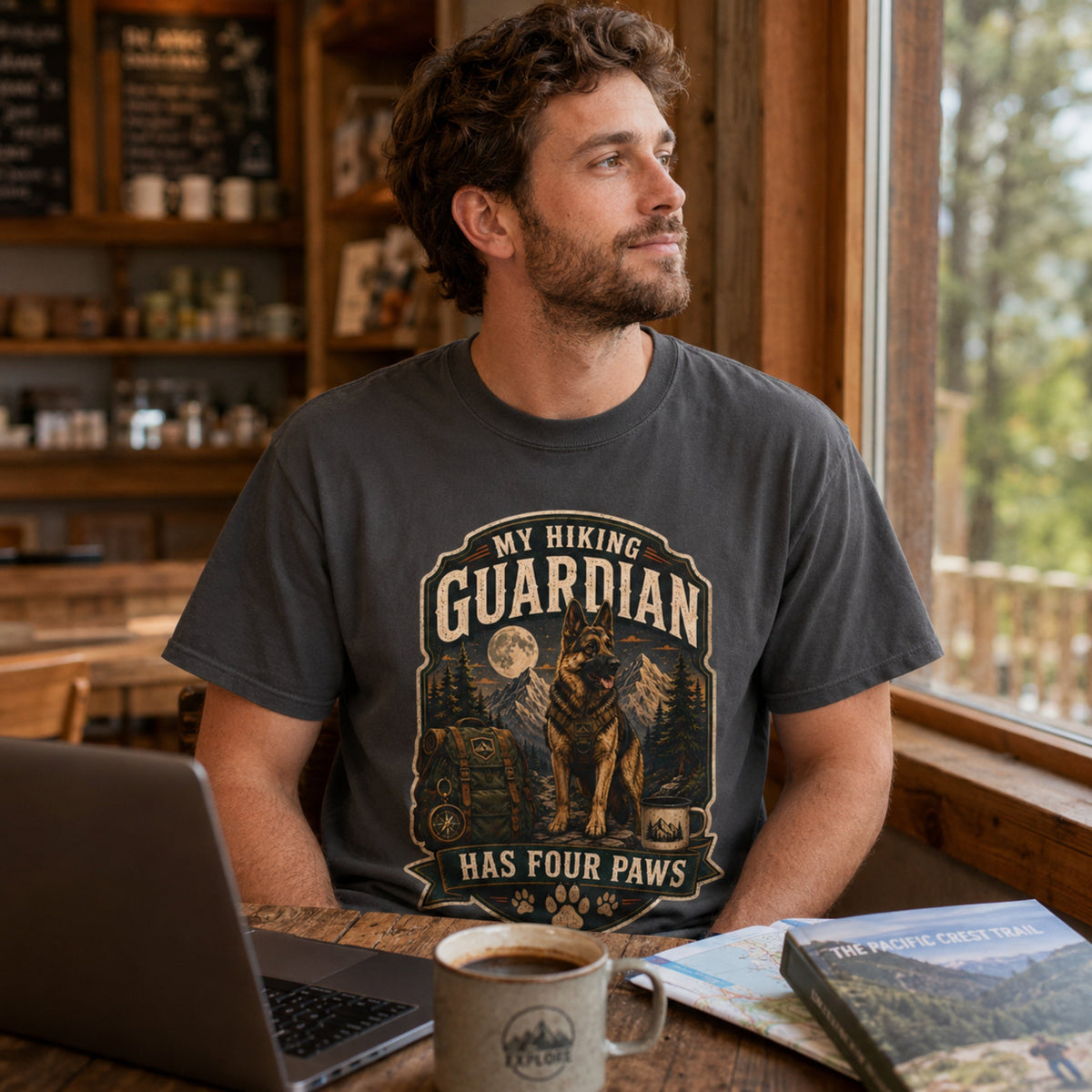 Man wearing a graphite “My Hiking Guardian Has Four Paws” T-shirt with a German Shepherd design in a lodge workspace with laptop, coffee, and trail book.