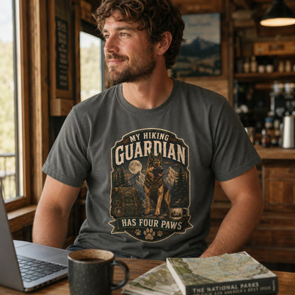 Man wearing a pepper “My Hiking Guardian Has Four Paws” T-shirt with a German Shepherd design in a lodge workspace with laptop, coffee, and map.