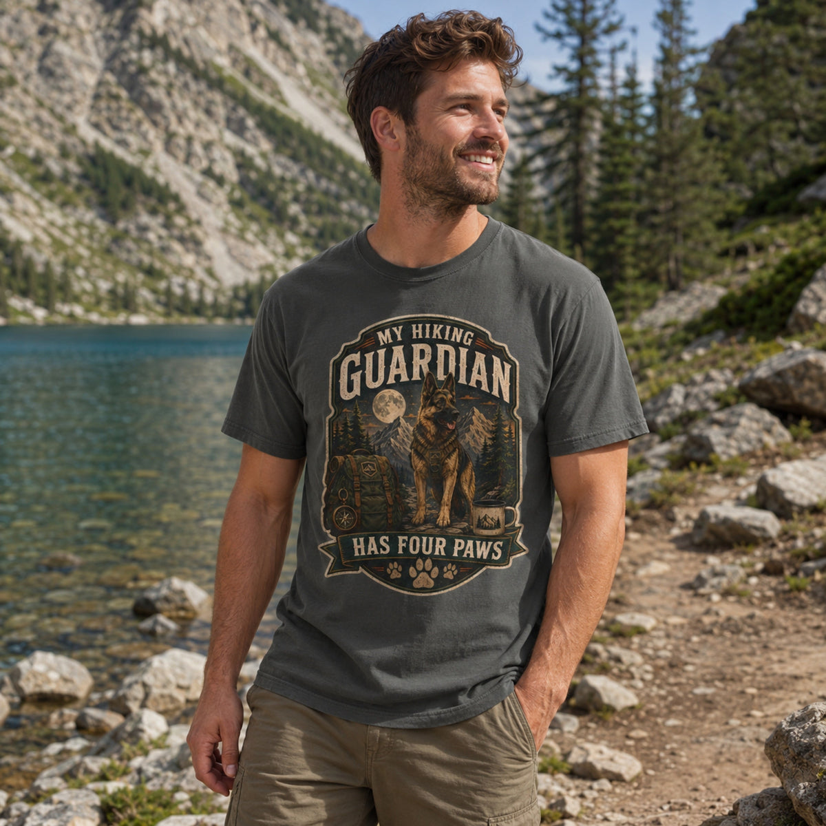 Man wearing a pepper “My Hiking Guardian Has Four Paws” T-shirt with a German Shepherd design beside a lakeside hiking trail.