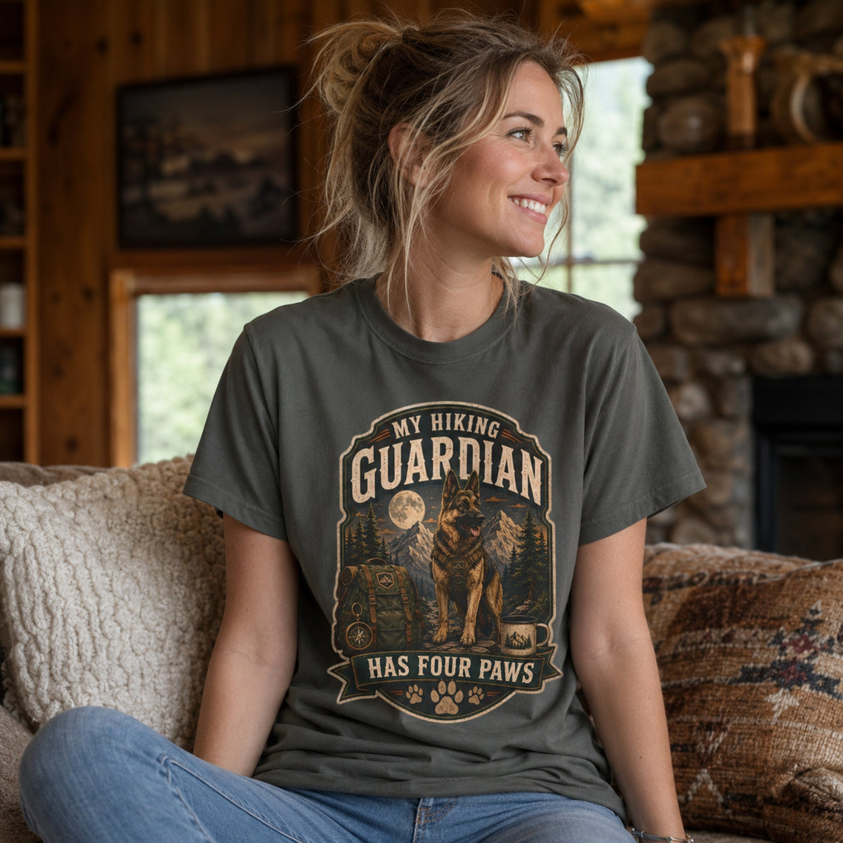 Woman wearing a pepper “My Hiking Guardian Has Four Paws” T-shirt with a German Shepherd design inside a cabin lodge.