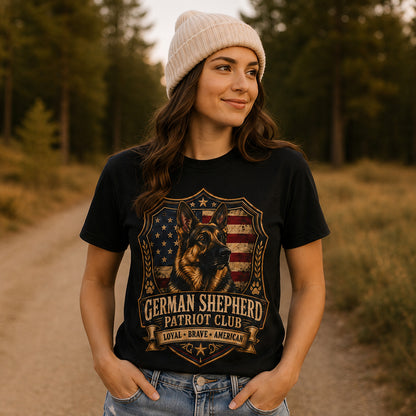 Model wearing a black Patriot Club t-shirt with a German Shepherd in a patriotic scene