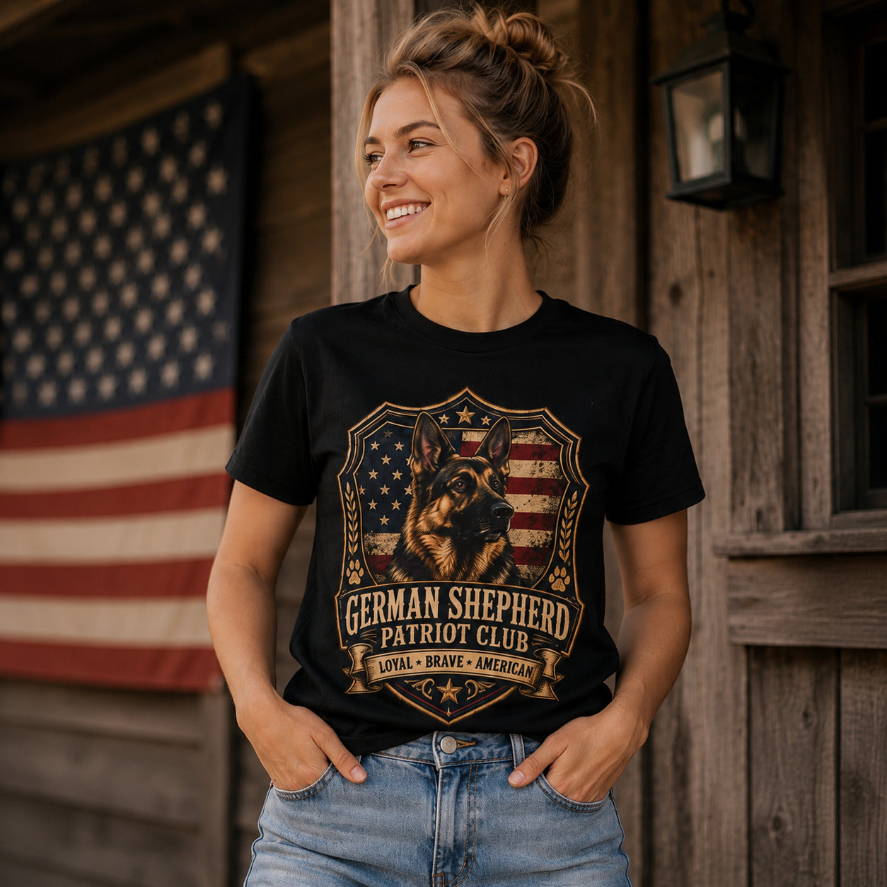 Model wearing a black Patriot Club t-shirt with a German Shepherd in a patriotic scene