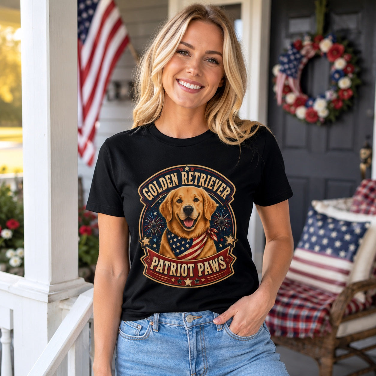 Model wearing a black Golden Retriever Patriot Paws t-shirt with a Golden Retriever wearing a flag bandana in a lifestyle scene