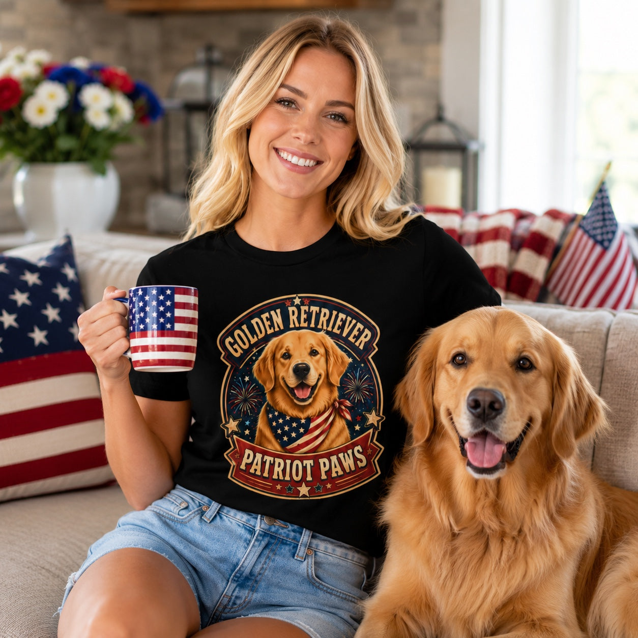 Model wearing a black Golden Retriever Patriot Paws t-shirt with a Golden Retriever wearing a flag bandana in a lifestyle scene