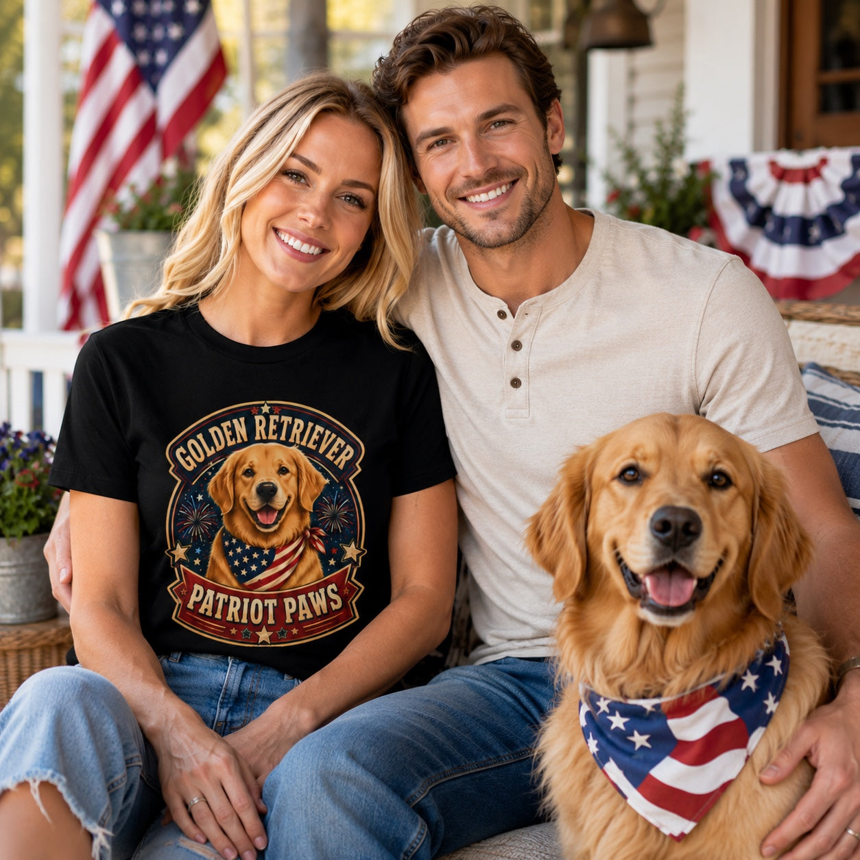 Model wearing a black Golden Retriever Patriot Paws t-shirt with a Golden Retriever wearing a flag bandana in a lifestyle scene