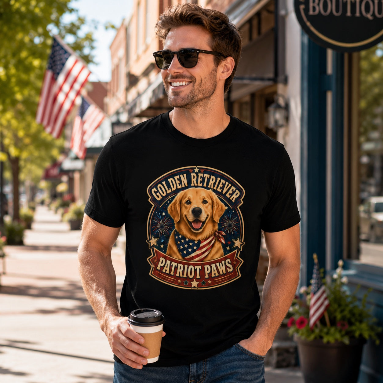 Model wearing a black Golden Retriever Patriot Paws t-shirt with a Golden Retriever wearing a flag bandana in a lifestyle scene