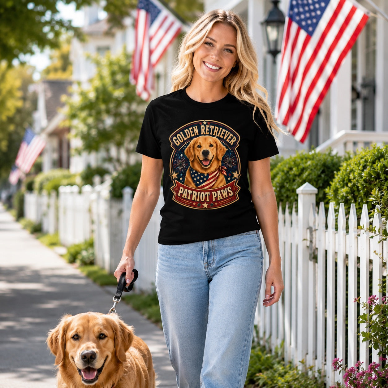 Model wearing a black Golden Retriever Patriot Paws t-shirt with a Golden Retriever wearing a flag bandana on a porch