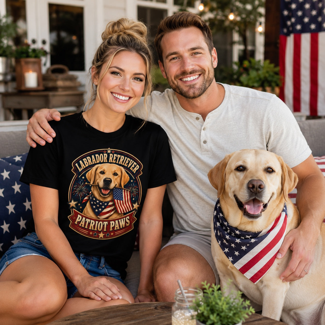 Couple wearing black Patriot Paws t-shirts with a Labrador Retriever at an outdoor cafe
