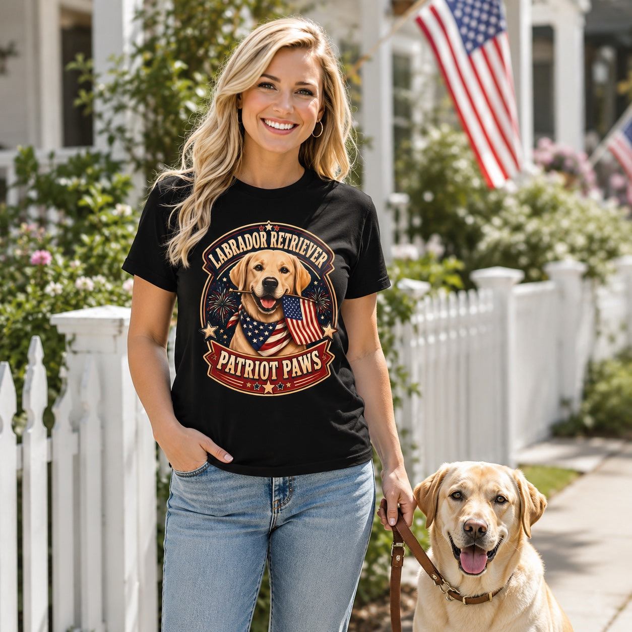 Woman wearing a black Patriot Paws t-shirt with a Labrador Retriever on a front porch