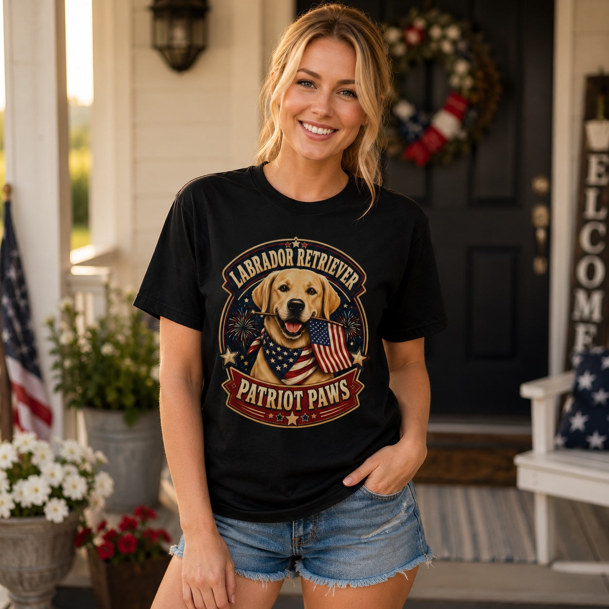 Woman wearing a black Patriot Paws t-shirt with a Labrador Retriever indoors