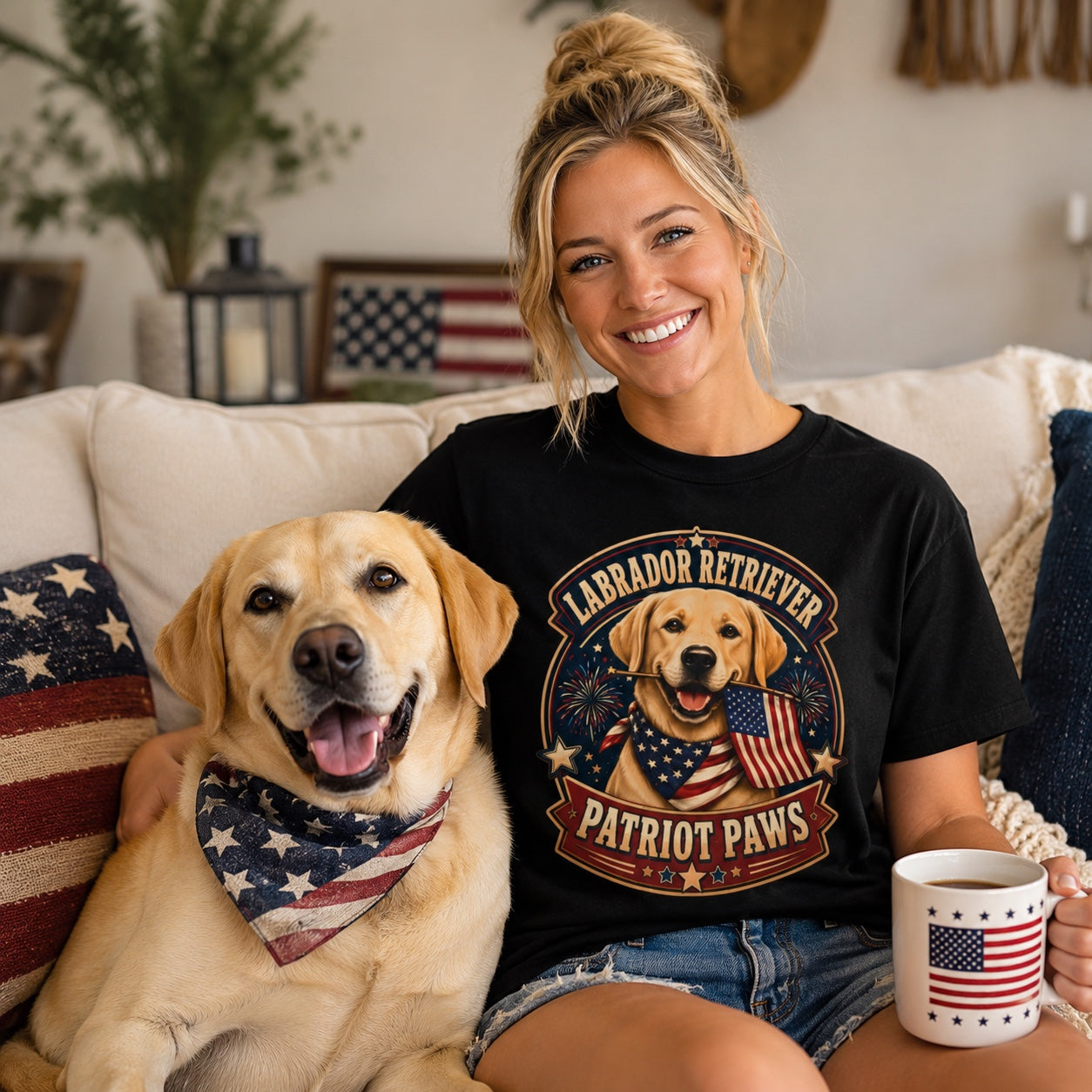 Woman wearing a black Patriot Paws t-shirt with a Labrador Retriever outdoors holding coffee