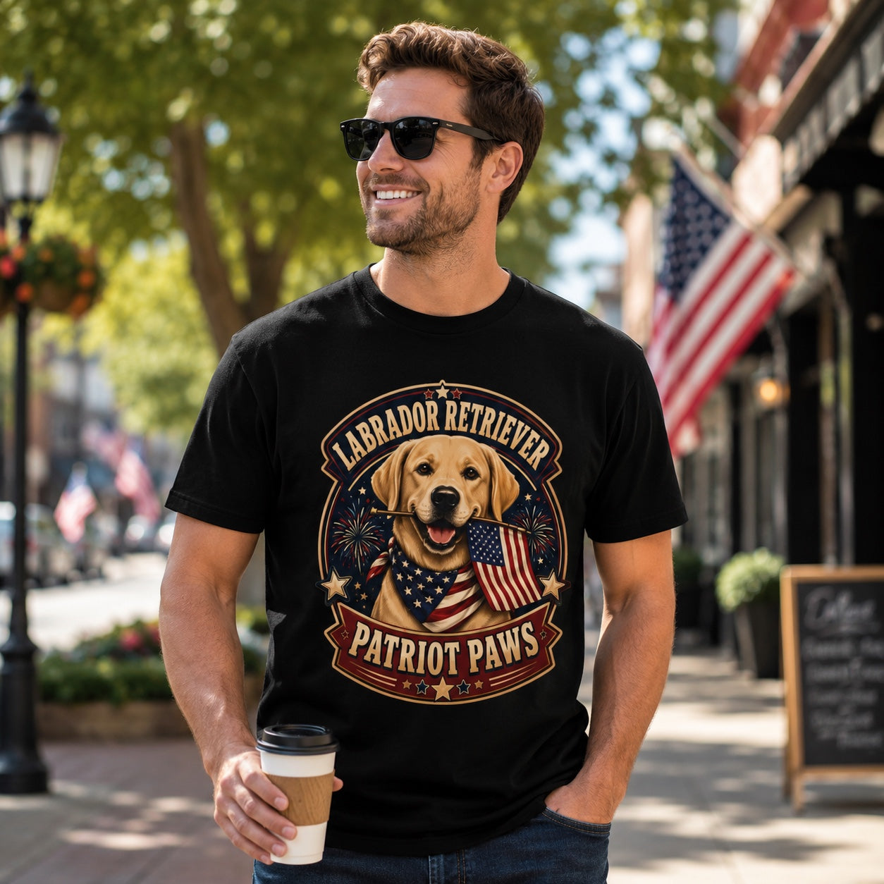 Woman wearing a black Patriot Paws t-shirt with a Labrador Retriever on a sidewalk