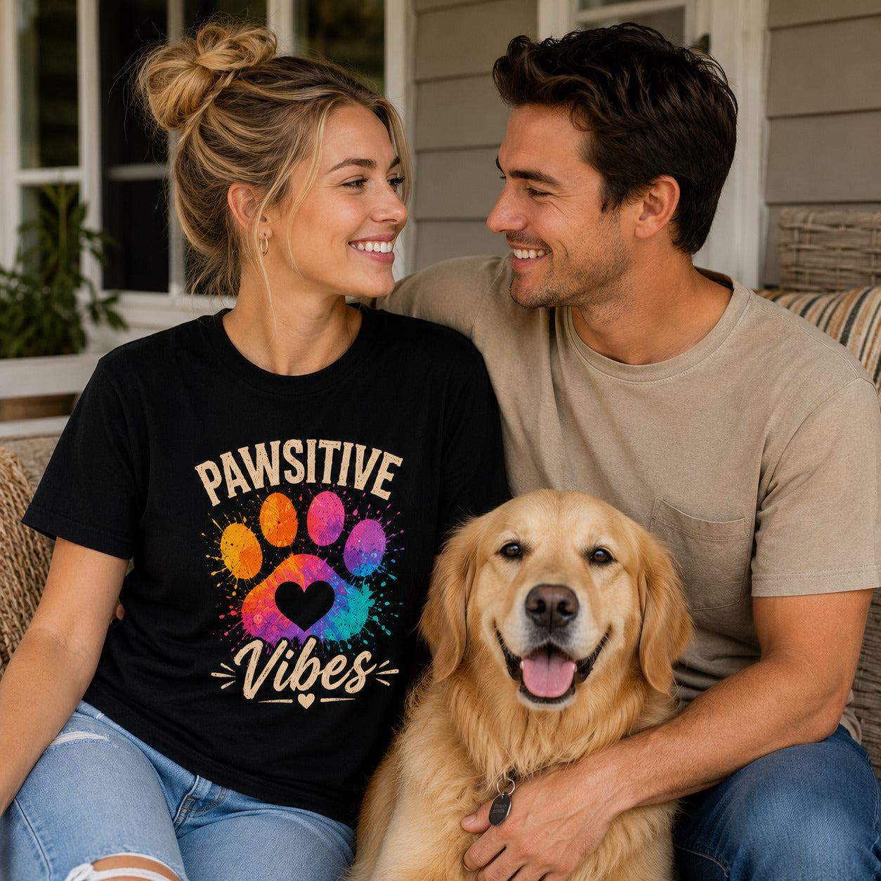 Couple sitting on a porch with their golden retriever, wearing black 'Pawsitive Vibes' colorful paw t-shirts