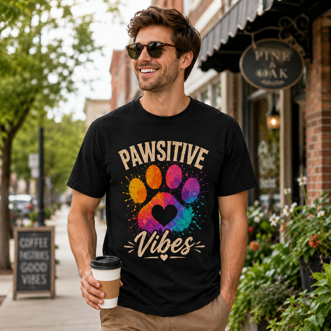 Man walking down a street holding coffee, wearing black 'Pawsitive Vibes' colorful paw t-shirt