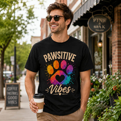 Man walking down a street holding coffee, wearing black 'Pawsitive Vibes' colorful paw t-shirt