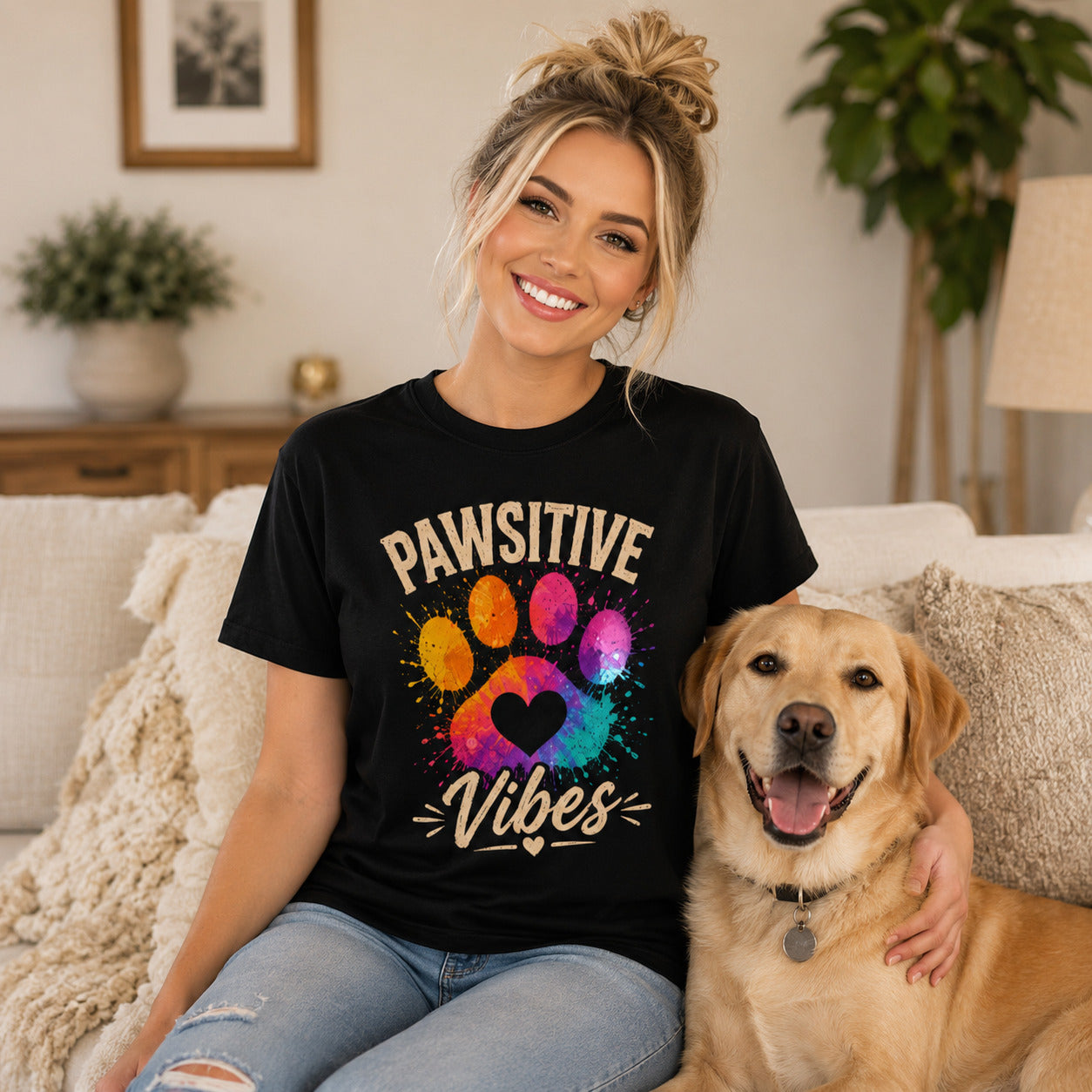 Woman sitting on a couch with her golden retriever, wearing black 'Pawsitive Vibes' colorful paw t-shirt