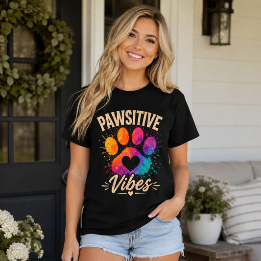 Woman standing in a doorway wearing black 'Pawsitive Vibes' colorful paw t-shirt