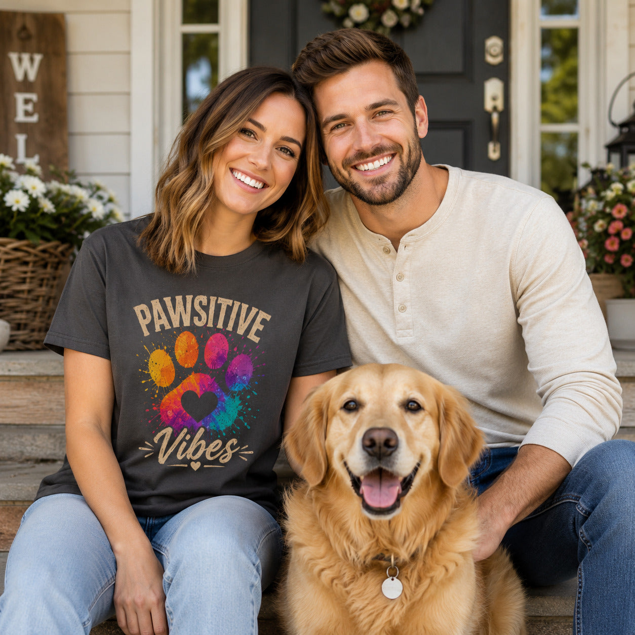 Couple sitting on a porch with their golden retriever, wearing graphite 'Pawsitive Vibes' colorful paw t-shirts