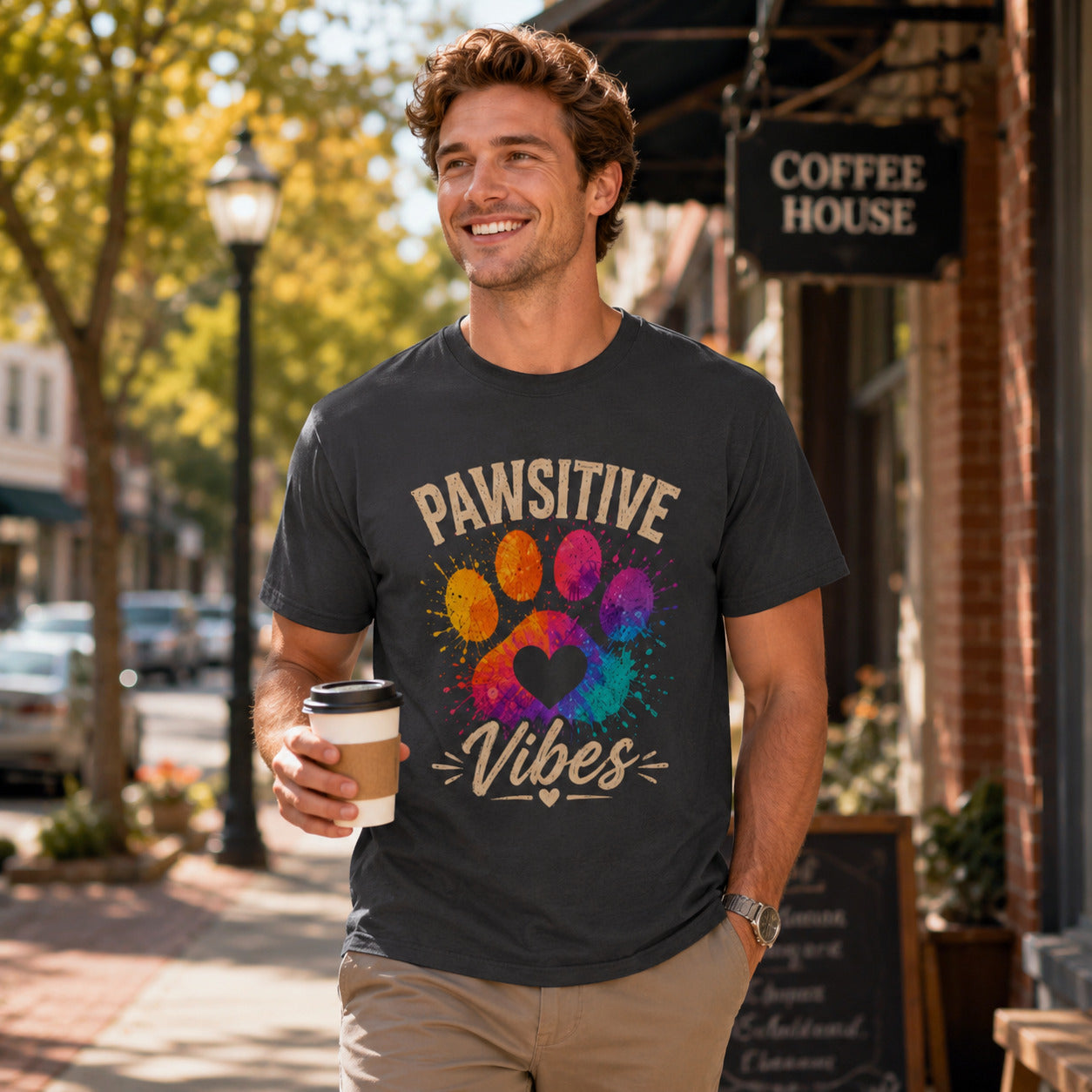 Man walking near a coffee house holding coffee, wearing graphite 'Pawsitive Vibes' colorful paw t-shirt