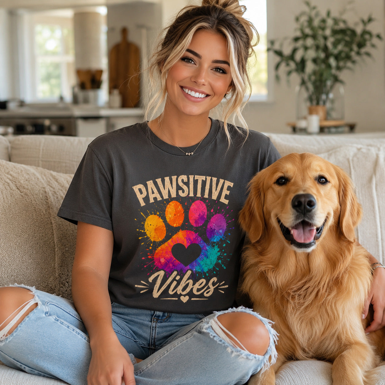 Woman sitting on a couch with her golden retriever, wearing graphite 'Pawsitive Vibes' colorful paw t-shirt