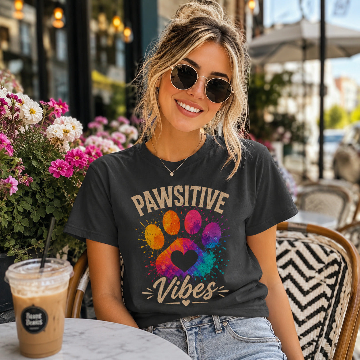 Woman sitting at an outdoor cafe with sunglasses and iced coffee, wearing graphite 'Pawsitive Vibes' colorful paw t-shirt