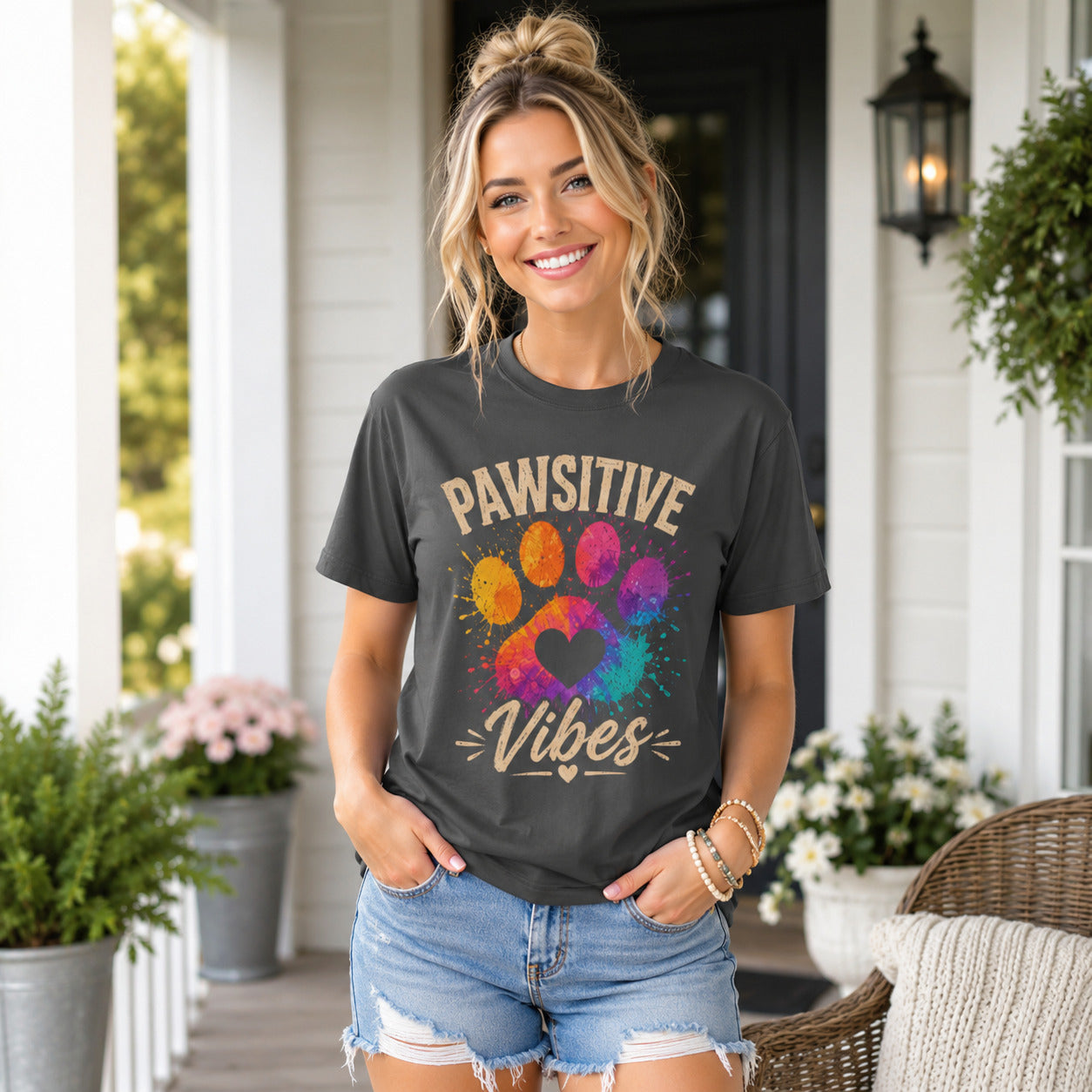 Woman standing on a porch with decor, wearing graphite 'Pawsitive Vibes' colorful paw t-shirt