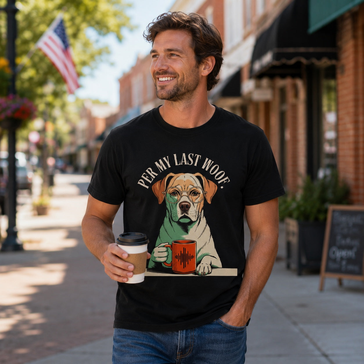 Man walking a city street holding coffee, wearing black colorful Labrador t-shirt