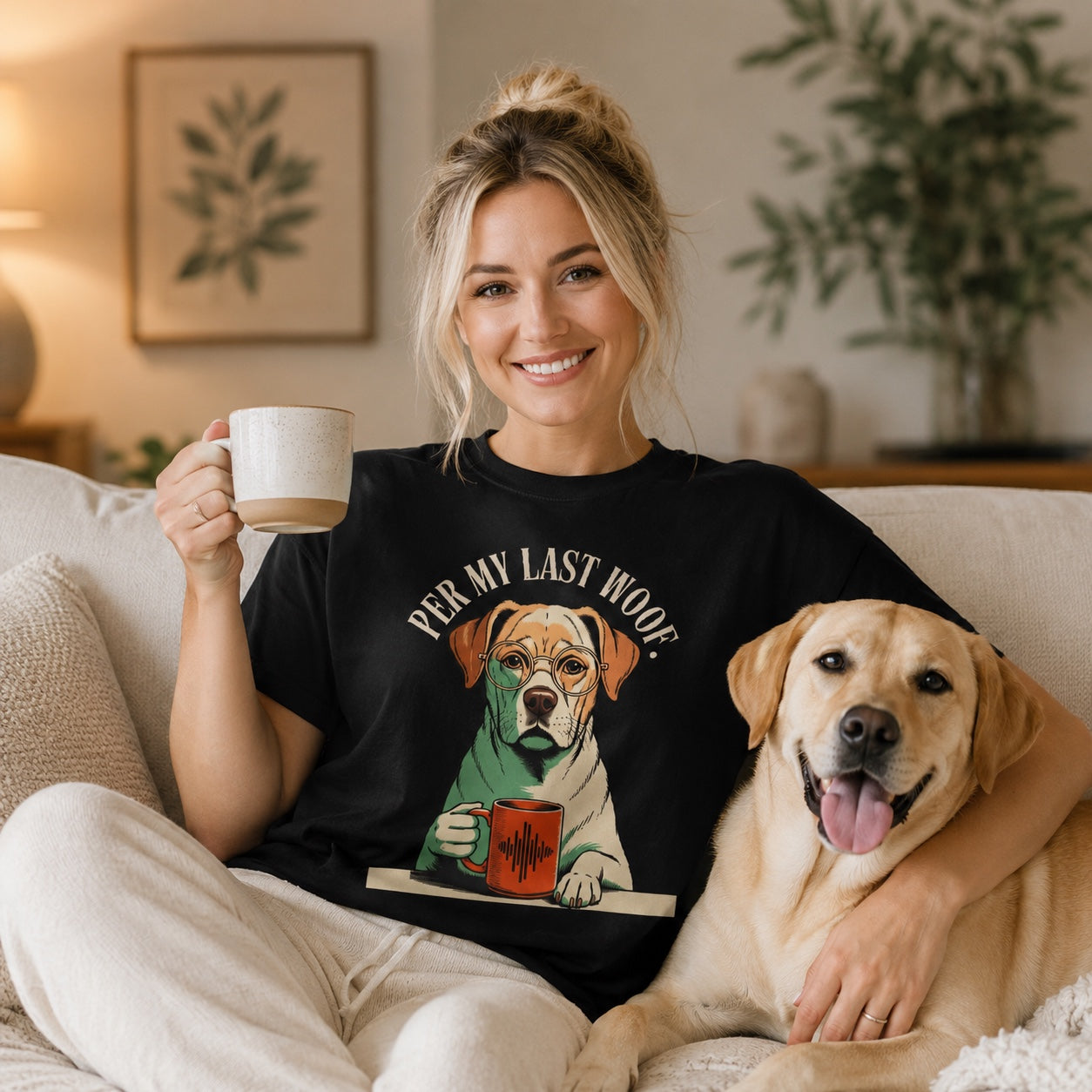 Woman sitting on a couch with a mug and her Labrador, wearing black 'Per My Last Woof' t-shirt