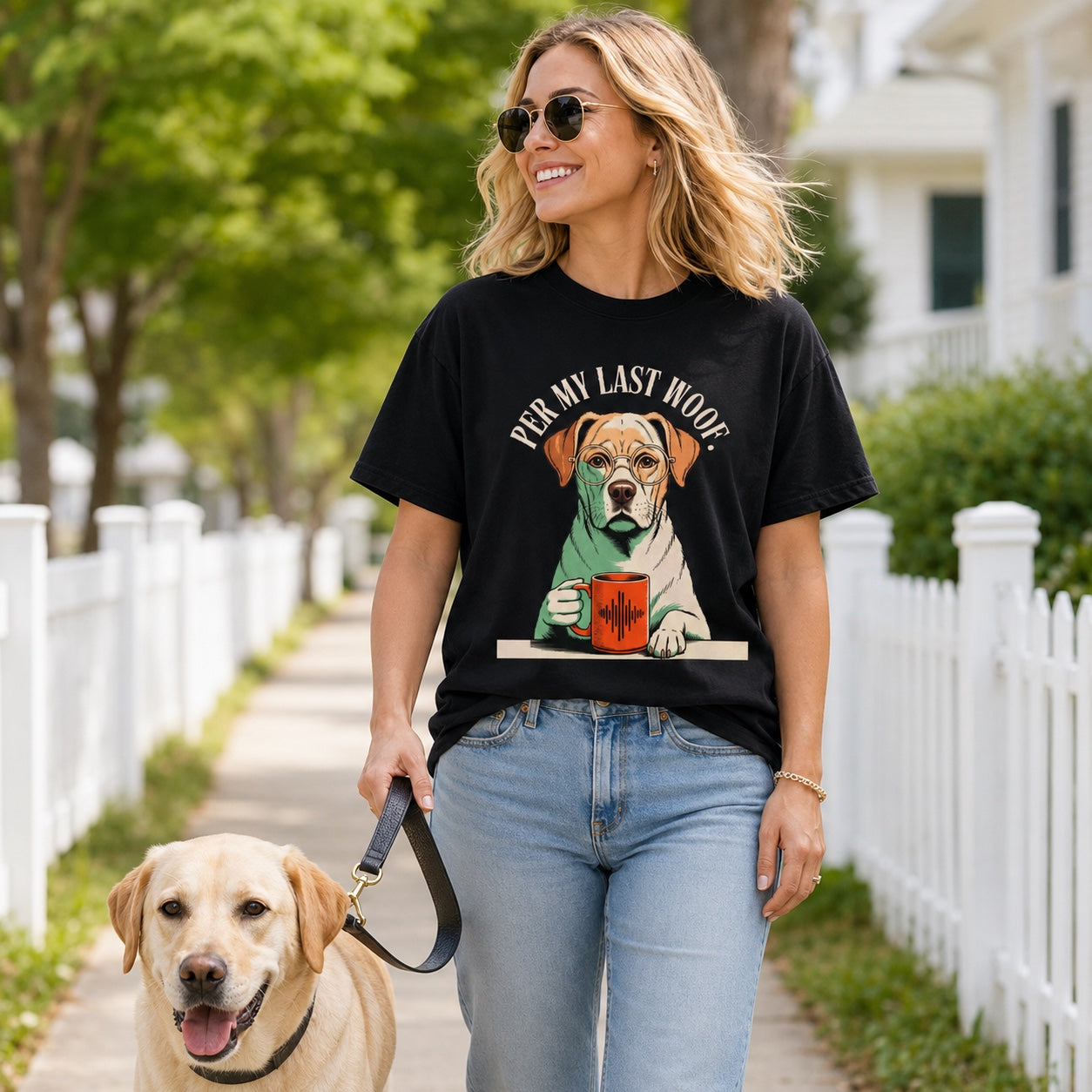 Woman walking her Labrador on a leash along a sidewalk with white picket fence, wearing black 'Per My Last Woof' colorful Labrador t-shirt