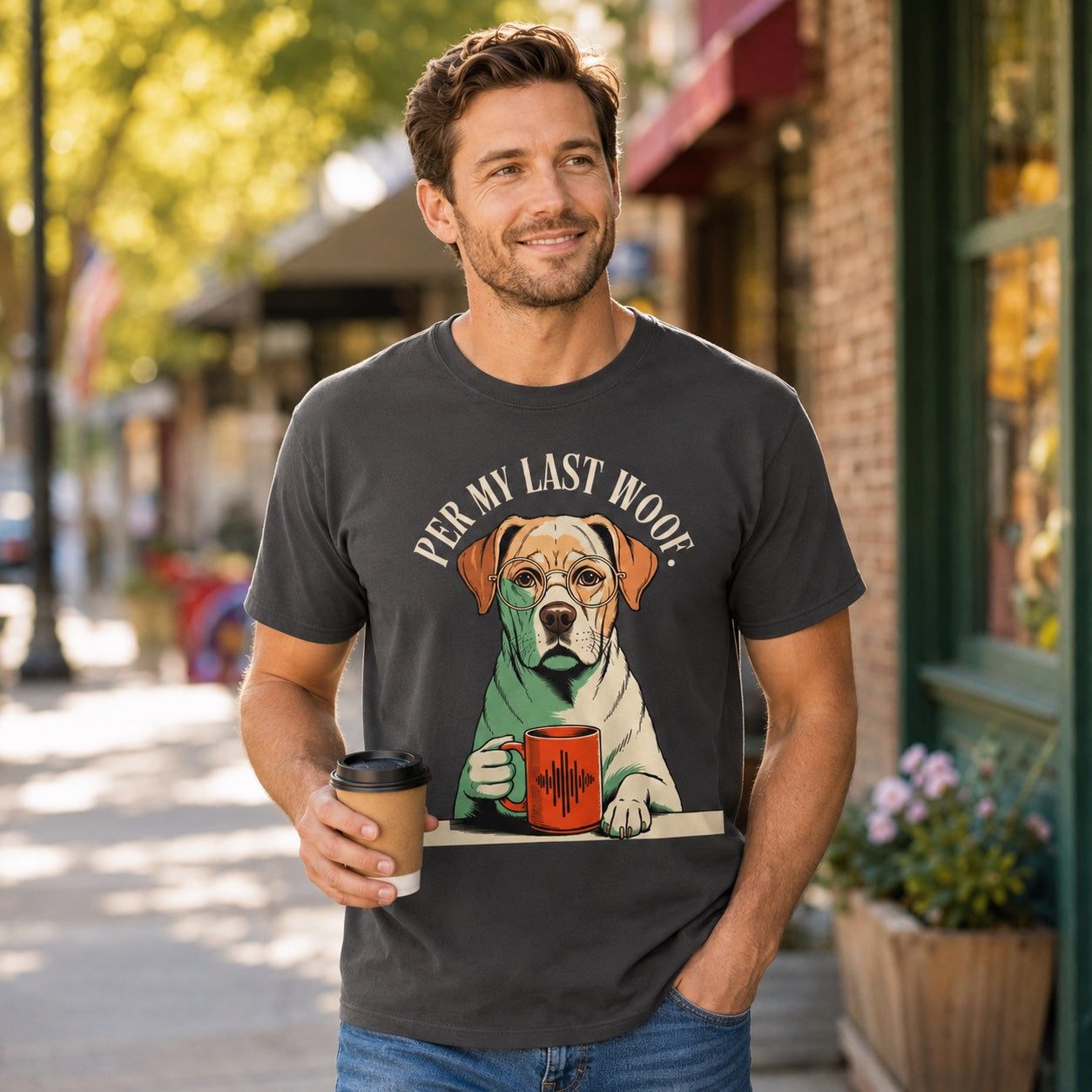 Man walking down a city street holding coffee, wearing graphite colorful Labrador t-shirt