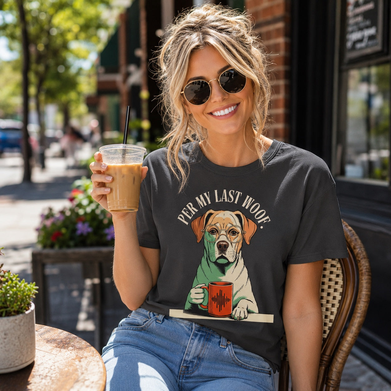 Woman walking a city street with sunglasses holding iced coffee, wearing graphite 'Per My Last Woof' t-shirt